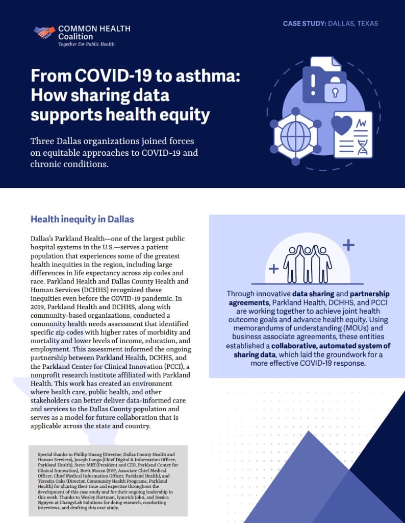 Case study infographic: From COVID-19 to asthma-how sharing data supports health equity in Dallas, Texas, featuring Parkland Health, DCHHS, and PCCI